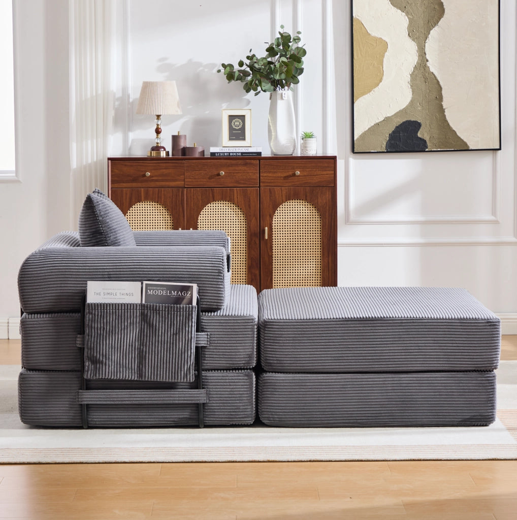 Divano modulare in velluto a coste grigio scuro 112x190x67 cm con pouf e tasca laterale
