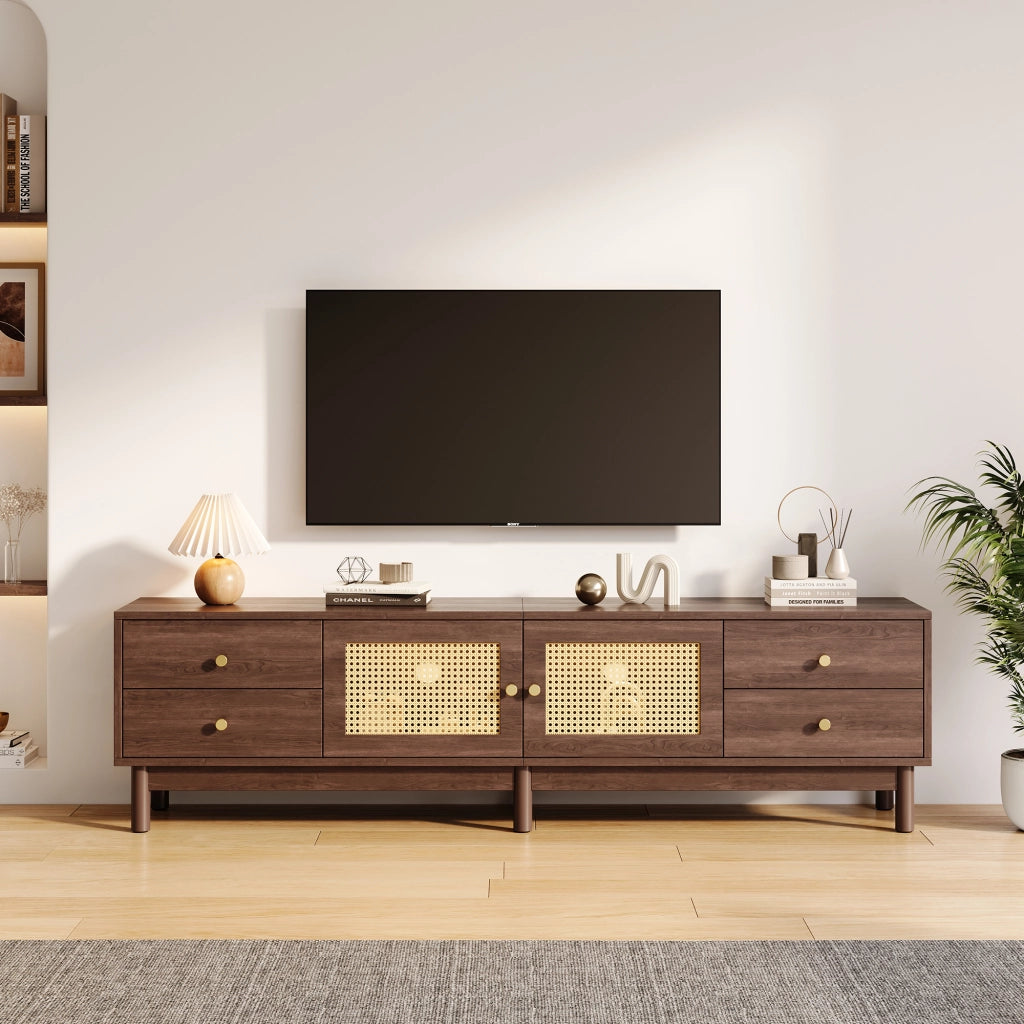 Mobile TV con 2 ante in rattan e 4 cassetti; passacavi - per soggiorno - 180x35x44 cm - marrone
