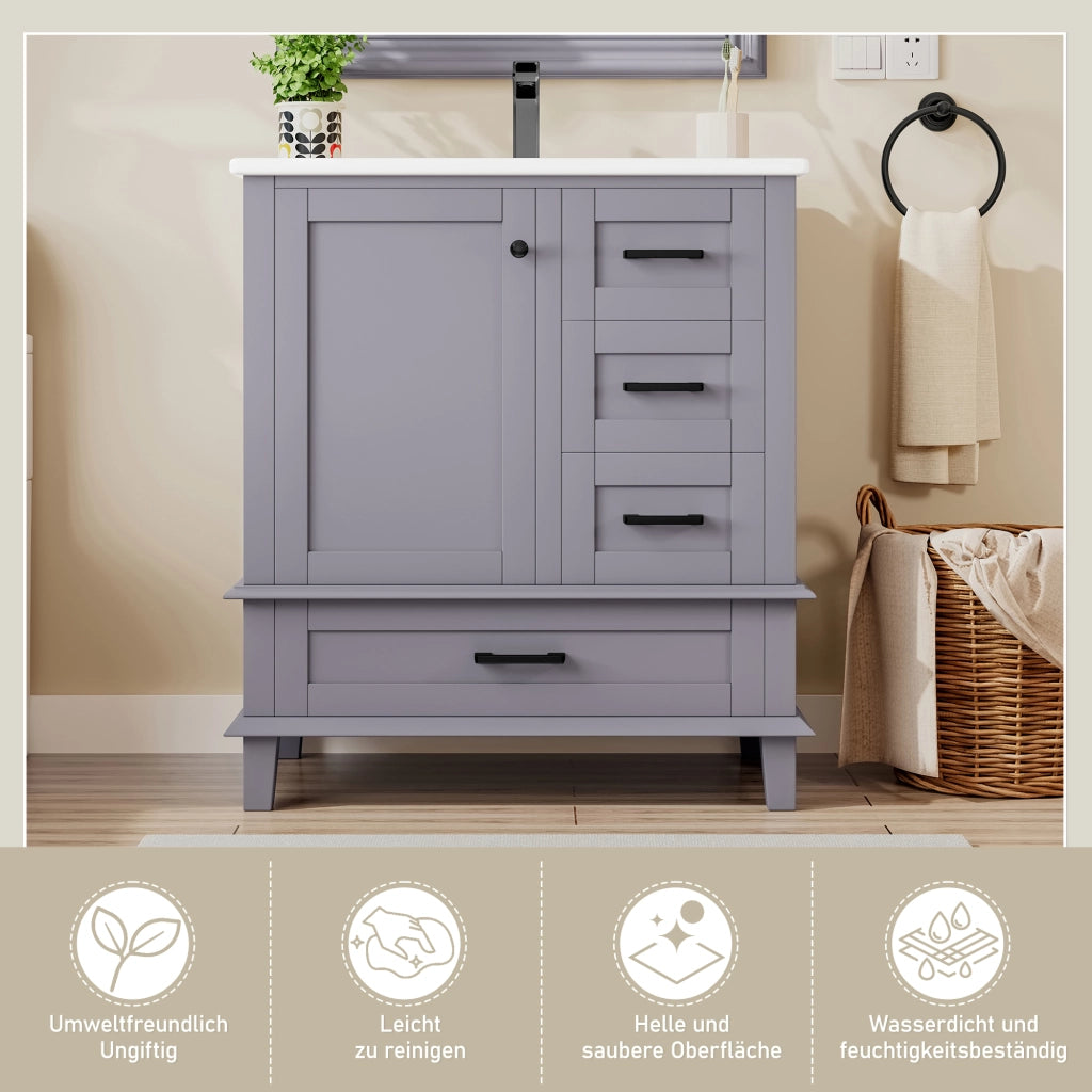 Mobile sottolavabo con lavabo in ceramica, tre cassetti e anta, freestanding, grigio 76 × 46 × 83,5 cm
