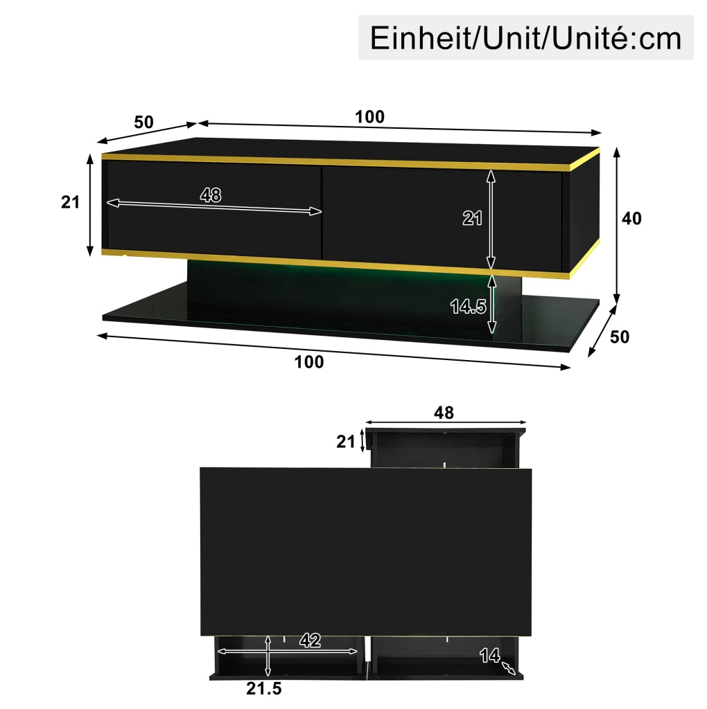 Tavolino da caffè moderno 100x50x40 cm nero con finiture oro, 3 cassetti e striscia LED USB
