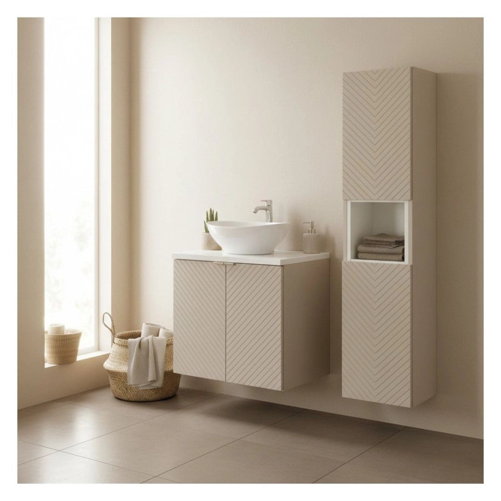 Set AOKI: mobiletto sotto lavabo con armadietti 60cm + piano lavabo bianco + lavabo bianco rotondo da appoggio + colonna
