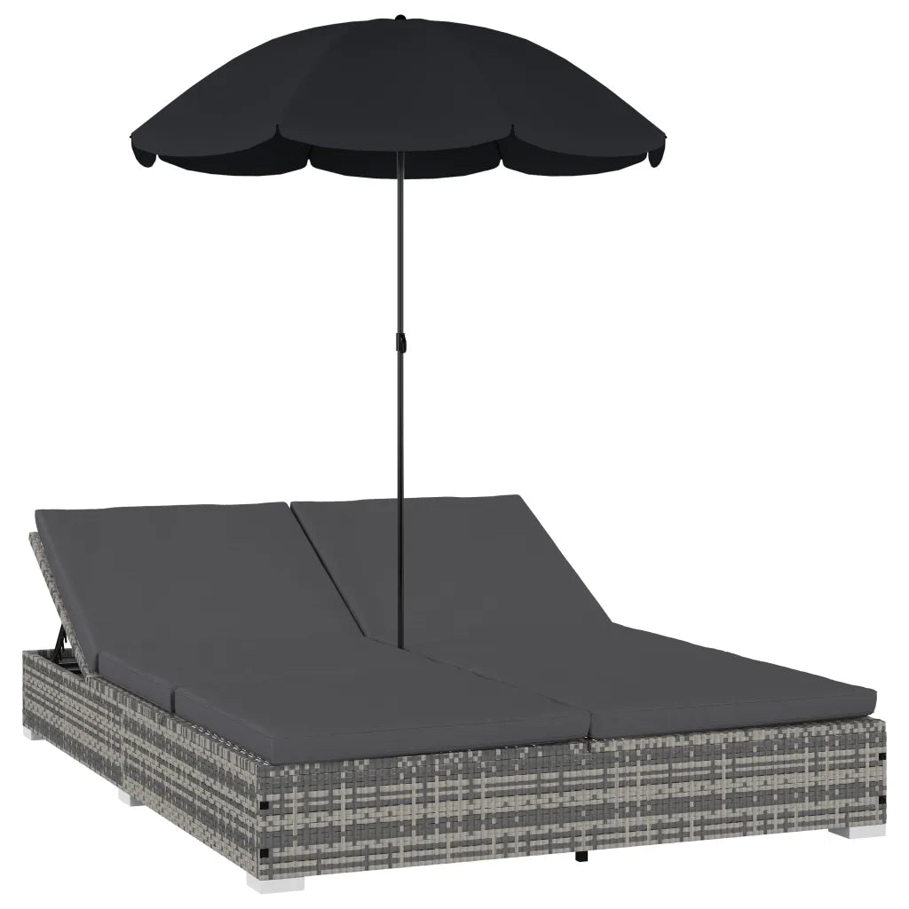 Lettino Prendisole con Ombrellone in Polyrattan Grigio 48125