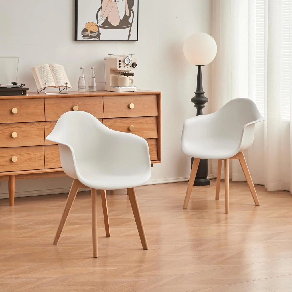 GrandCA HOME Set di 2 Sedie da Sala da Pranzo Sedie da Salotto con Schienale in PP e Bacrest, Poltrone d'accento con Gambe in Legno Massello di Faggio, Bianco