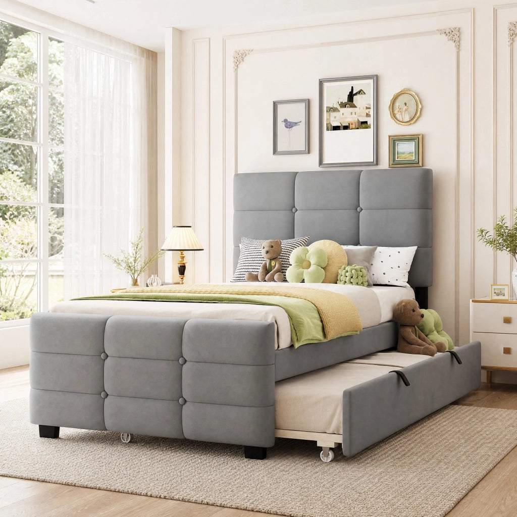 LETTO per bambini 90x190 cm con letto estraibile in velluto grigio