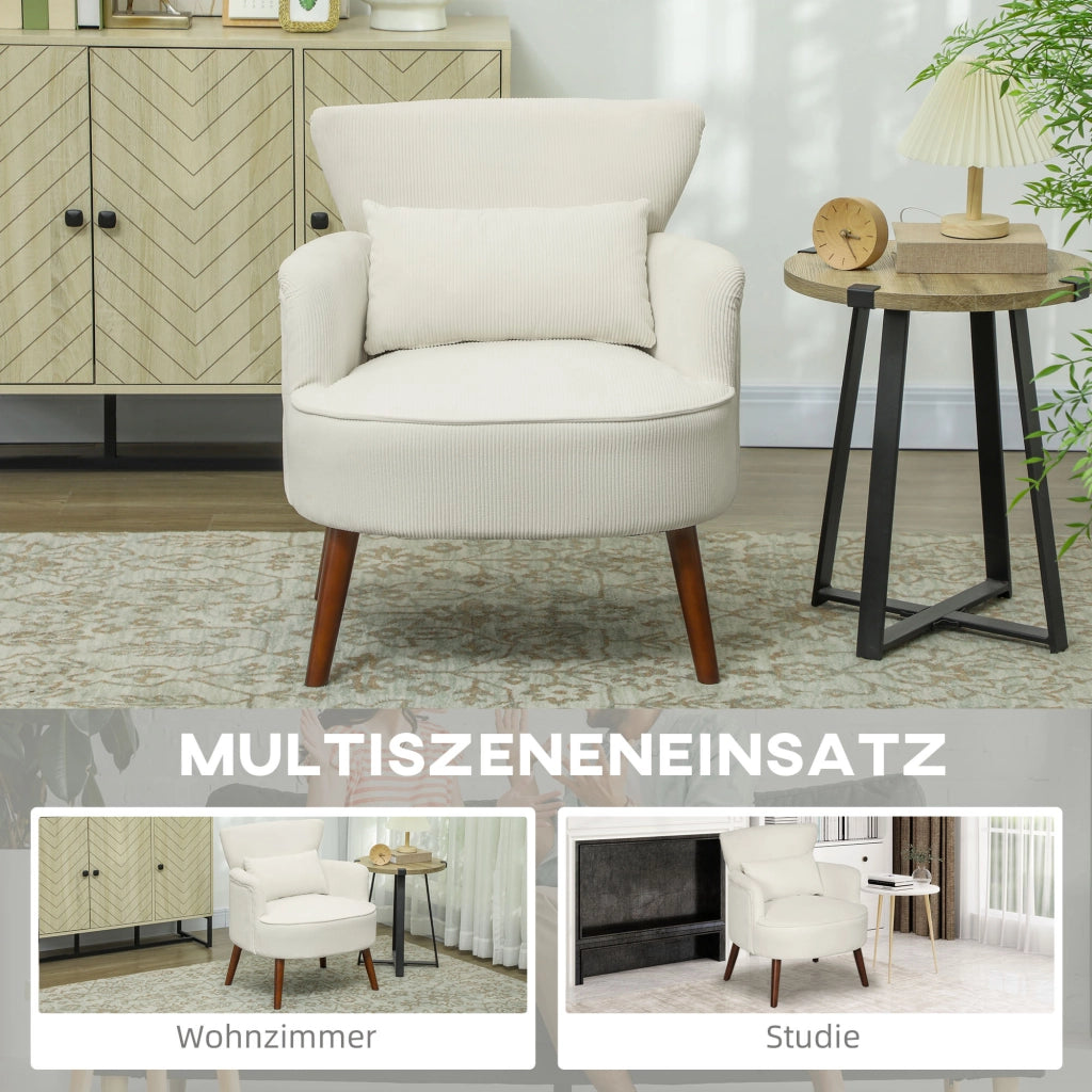 Poltrona imbottita con braccioli e cuscino lombare ¨C zephmum ¨C crema, tessuto, gambe in legno