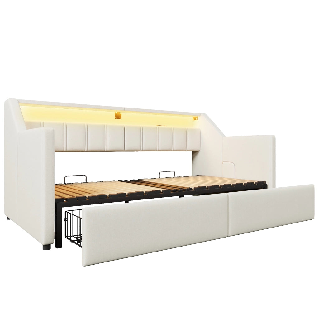 Letto 90x200 cm con USB; LED e cassetti in lino beige