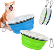 Scaletta per cani pieghevole, 2 pezzi, 450 ml, portatile, silicone, impermeabile, scodella per cani con coperchio e gancio, per cani, gatti, escursioni, in viaggio, blu + verde