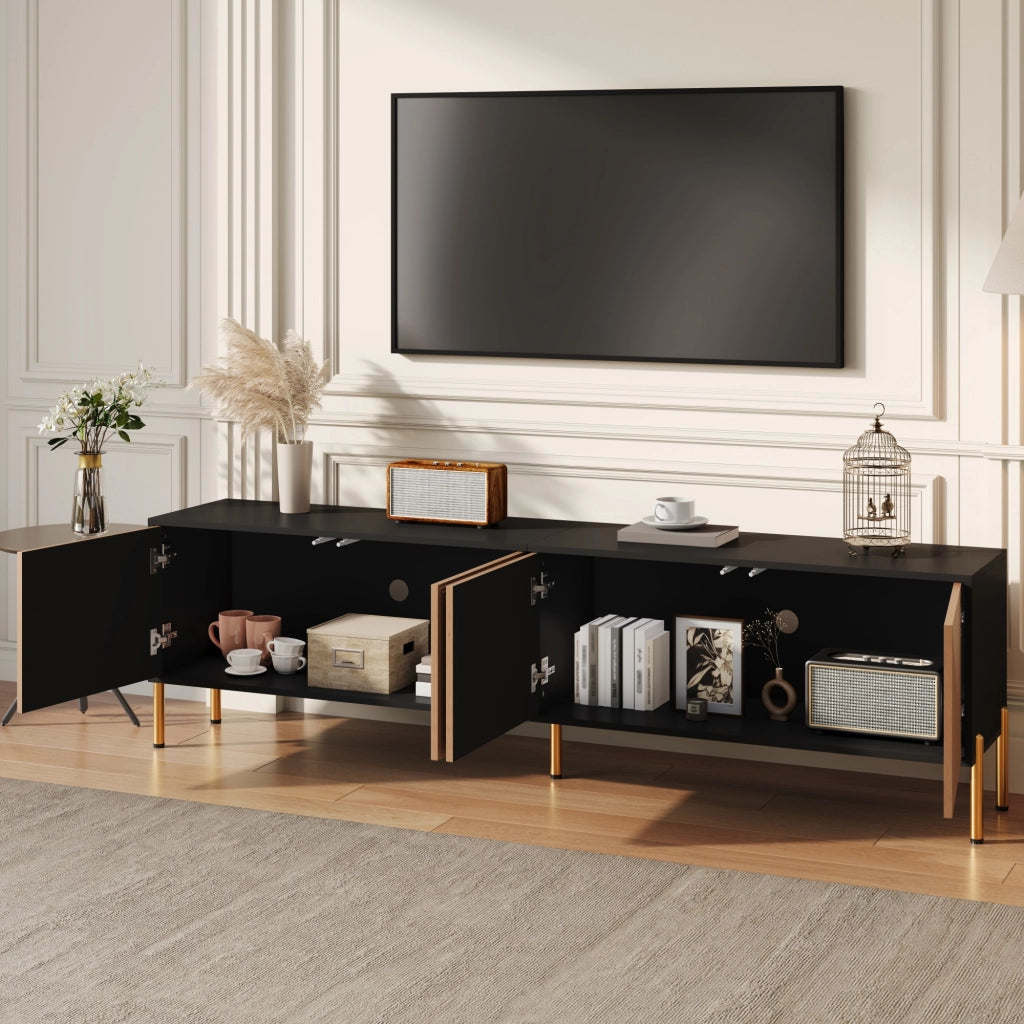 Mobile TV con 4 Ante senza Maniglie e Piedini in Metallo Dorato; Stile Moderno; 179??35??53;5 cm; Nero Naturale