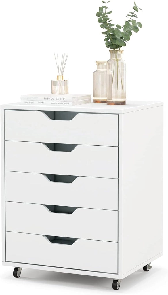 Cassettiera a 5 cassetti con maniglie nascoste, cassettiera mobile con 2 ruote bloccate, cassettiera in legno, per ufficio, soggiorno, 49 x 40 x 65 cm, bianco