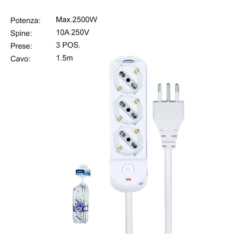 Multipresa Ciabatta Elettrica a 3 Posti 3 Prese Bipasso Schuko 10A/16A con Interruttore e Spina 10A Cavo 1.5 metri Bianco