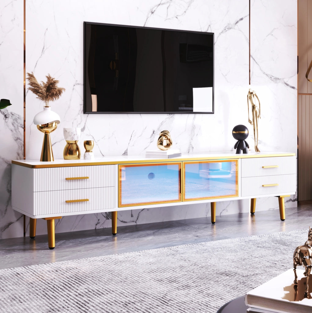Mobile TV bianco con LED, 4 cassetti e ante in vetro temprato, 170 cm