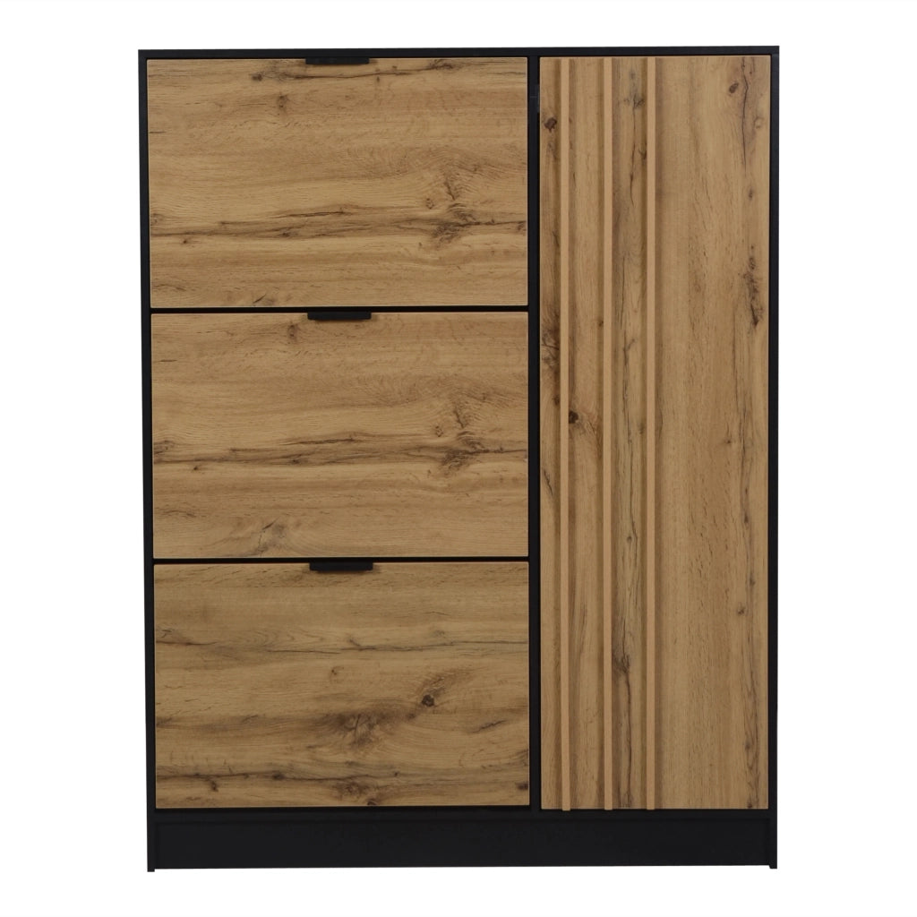 Scarpiera con 3 ante a ribalta e 1 vano con sportello, per ingresso, in MDF, naturale e nero, 100 × 30 × 130 cm