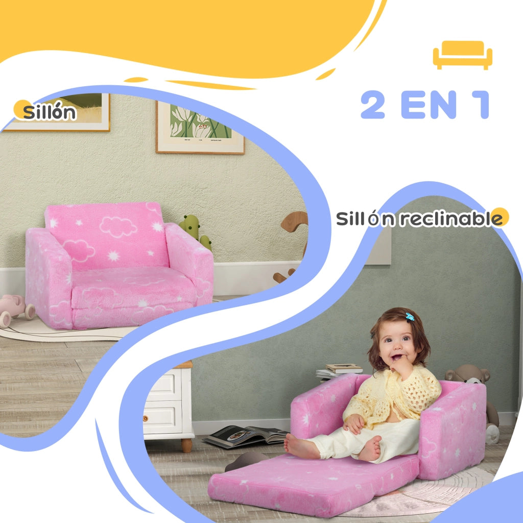Divano letto pieghevole per bambini 2 in 1 con tessuto luminoso motivo nuvole rosa lavabile ¨C Xylo