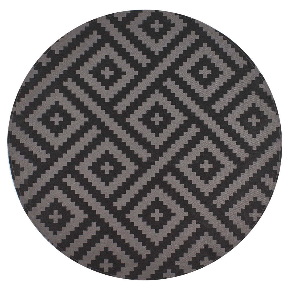 Tappeto rotondo per interni e per esterni con motivo geometrico ⌀ 120 cm nero e grigio stile moderno balcone patio