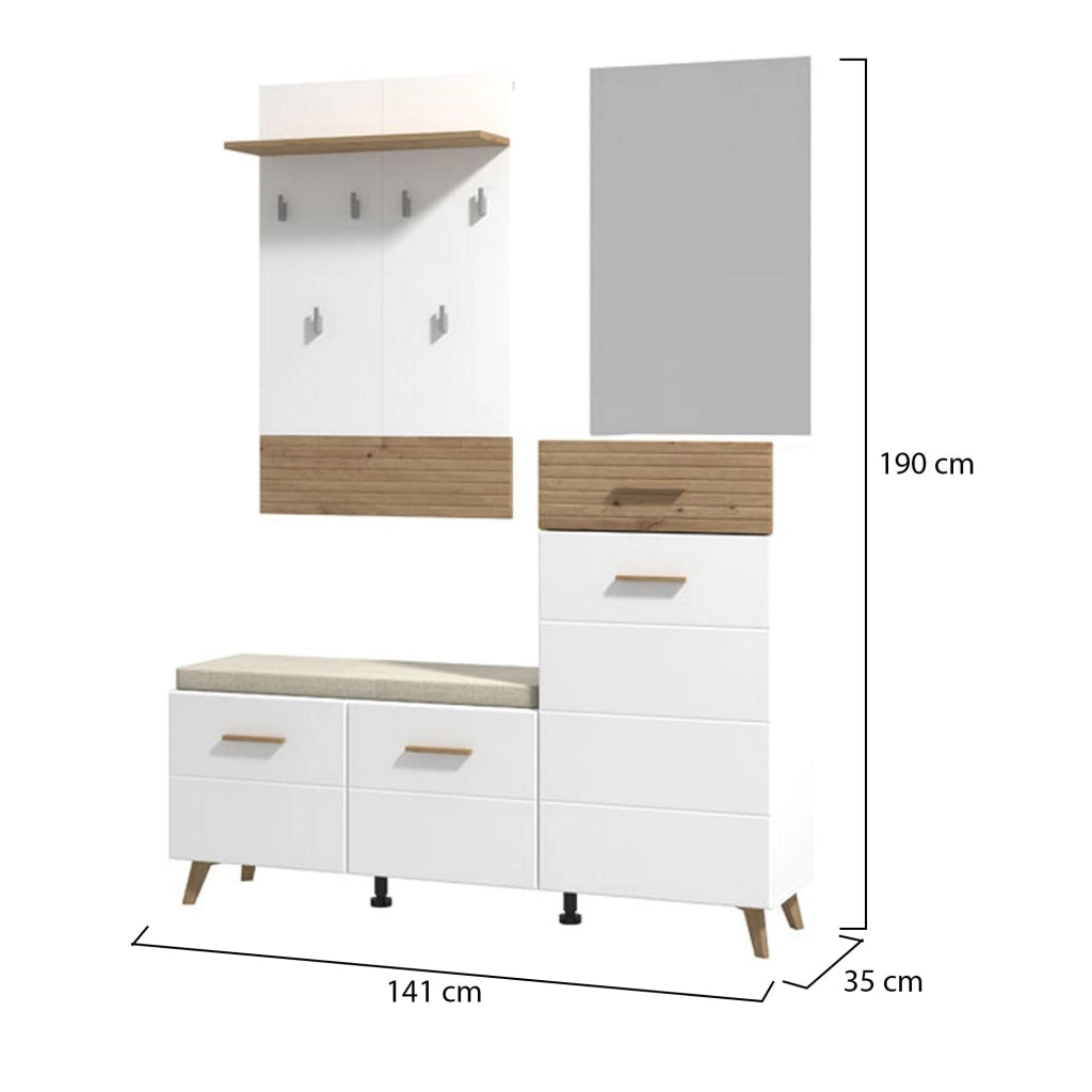 Longa, Mobile da Ingresso Specchio Incluso, 141x35x189.5h cm Bianco Opaco