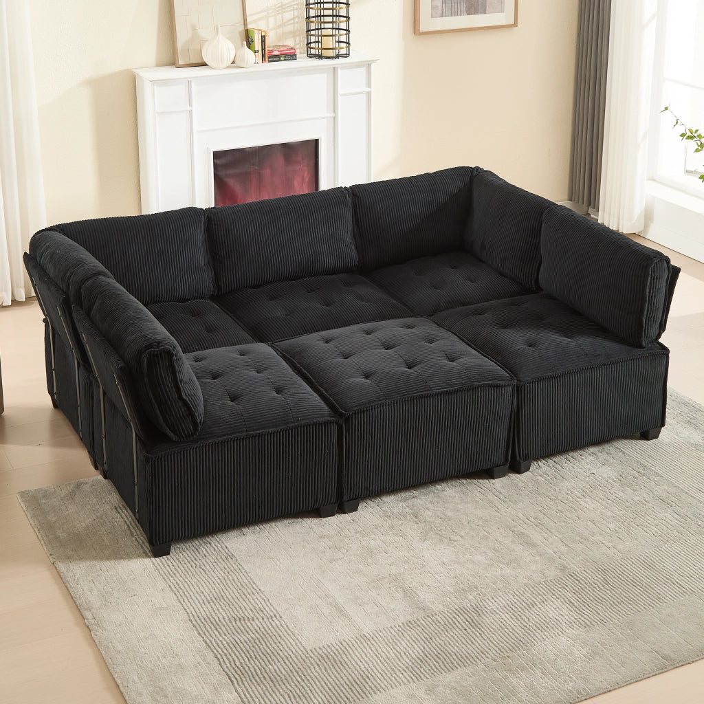 OKWISH Divano Modulare 6 Posti, Configurazione a U o L e Funzione Letto, Tasche Laterali, Velluto a Coste, Nero