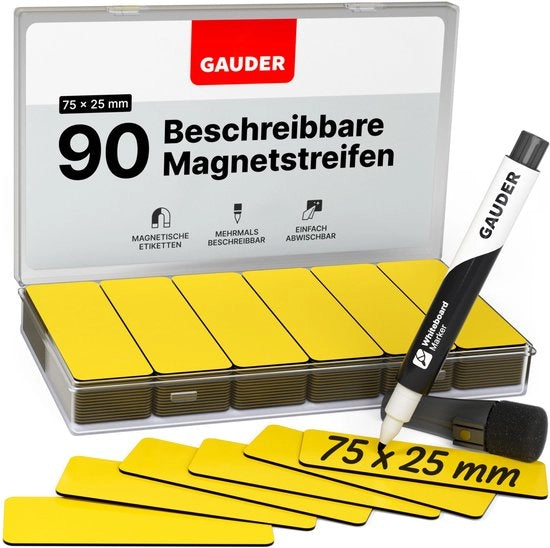 Etichette magnetiche descrittive - tavole magnetiche riutilizzabili per lavagne, lavagne scolastiche, lavagne Kanban e frigoriferi - cartelle magnetiche con pennarelli (90 pezzi - 75 x 25 mm)