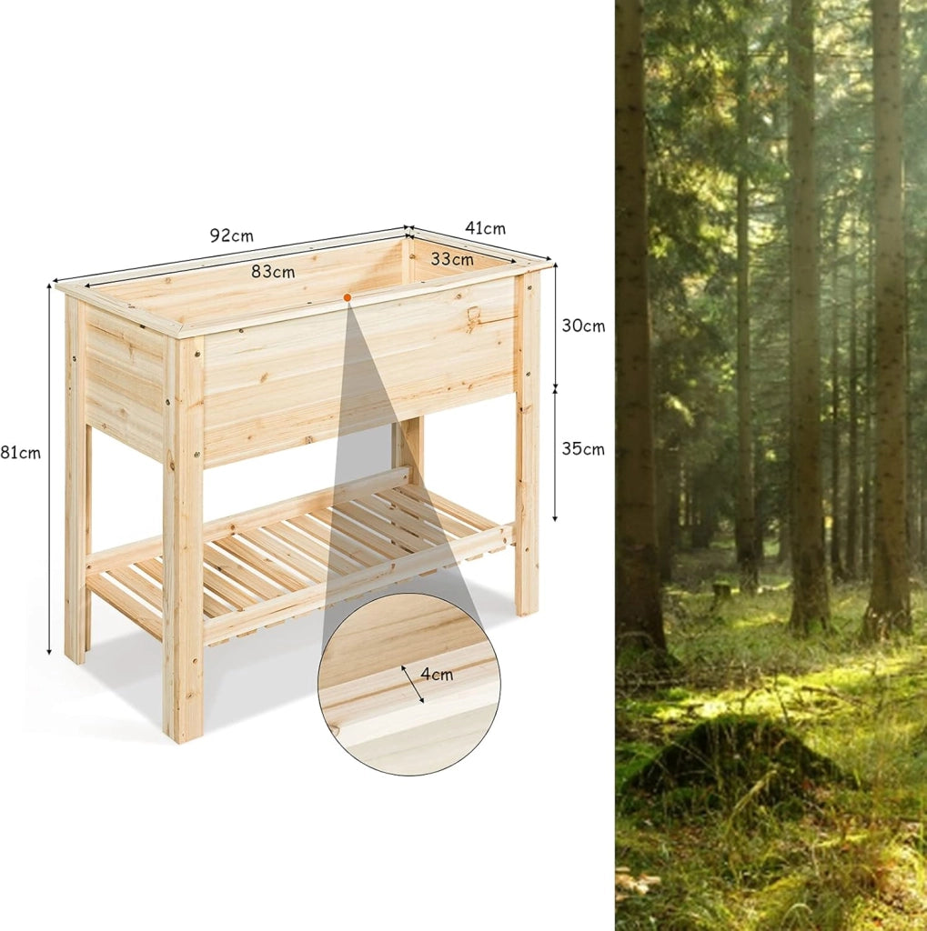 Fioriera di Legno da Giardino, Vaso Rialzato con Ripiano, Porta Piante per Giardino, Ideale per Piante Verdure e Fiori (92 x 41 x 81 cm)