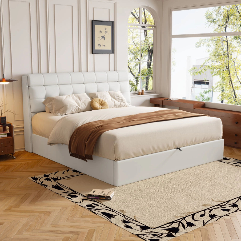 Letto imbottito 160x200 in PU bianco con contenitore idraulico e rete a doghe