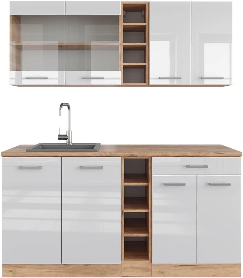 Cucina completa R-Line, Bianco lucido/oro power oak, 160 cm, PL Rovere, adatto per combinazioni ed espansioni personalizzate