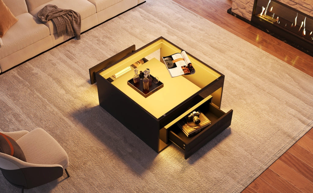 TAVOLO da caffè 70x70x35 cm con 2 cassetti, vetro temperato, nero, LED