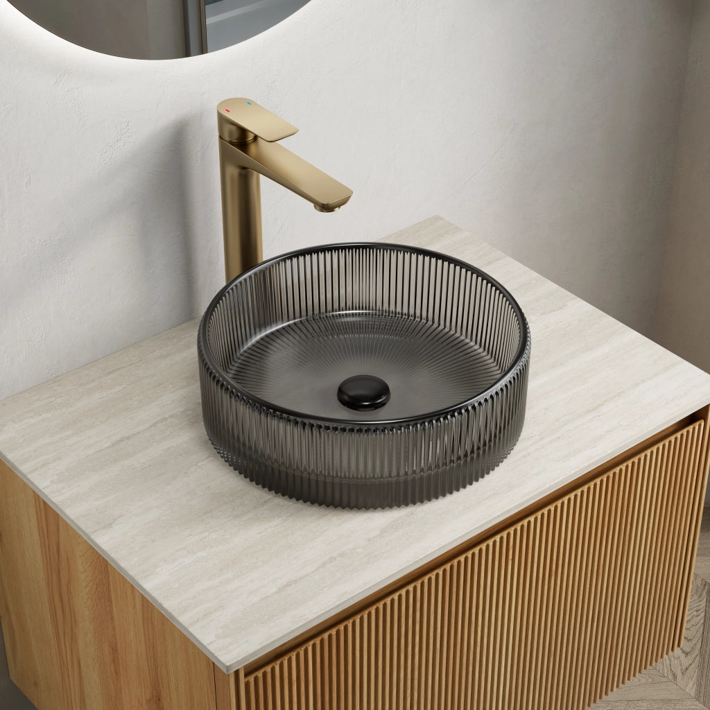 Lavabo tondo 36 cm in cristallo, trasparente e nero, senza rubinetto