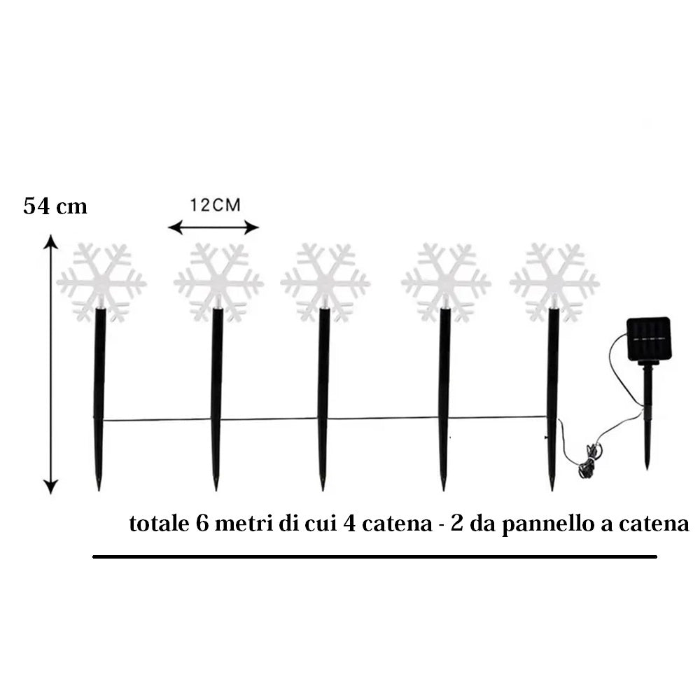 Catena Luci di Natale LED a Picchetto da Giardino con Pannello a Ricarica Solare 5 Fiocco di Neve