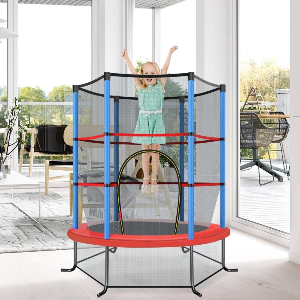 Tappeto elastico per bambini con rete di sicurezza, Tappeto elastico con struttura in acciaio resistente Blu