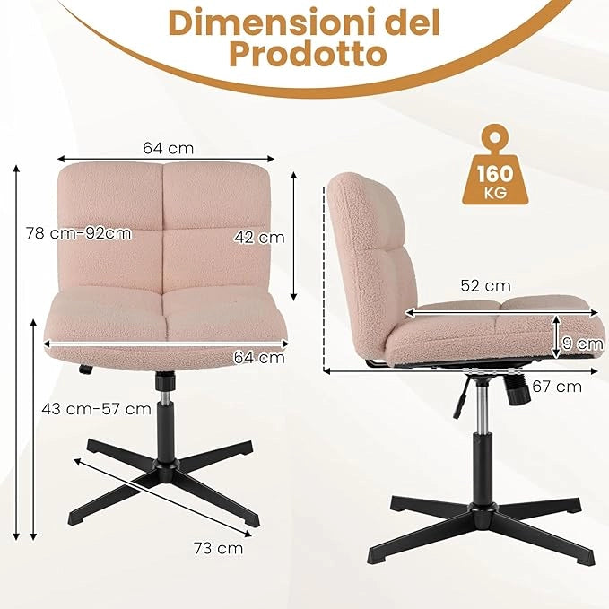 Sedia da Ufficio senza Braccioli, Sedia da Scrivania a Gambe Incrociate con Altezza Regolabile, Rotazione a 360°, Tessuto Morbido, Ampia Seduta Imbottita, Portata 160 kg
