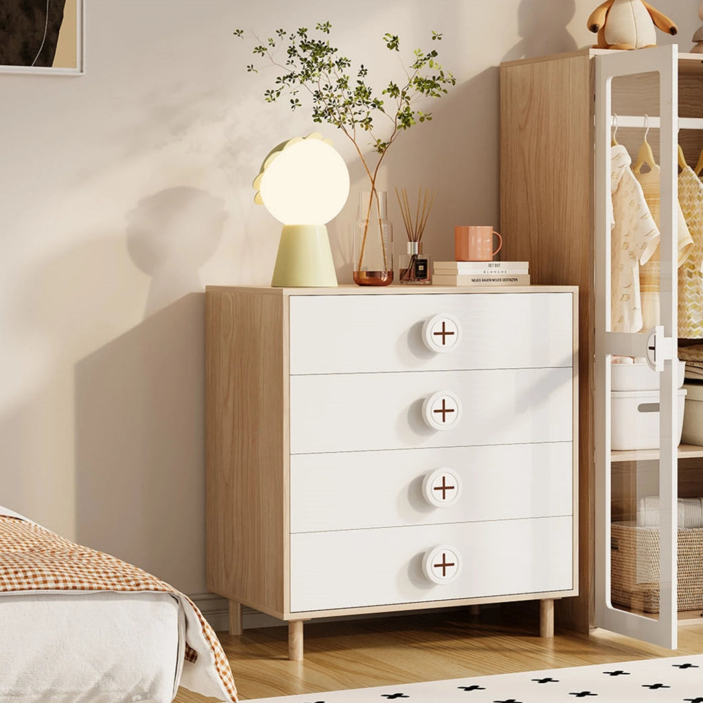Comò con 4 cassetti e design a contrasto, per camera da letto e soggiorno, in MDF, bianco naturale, 80 × 54 × 90 cm