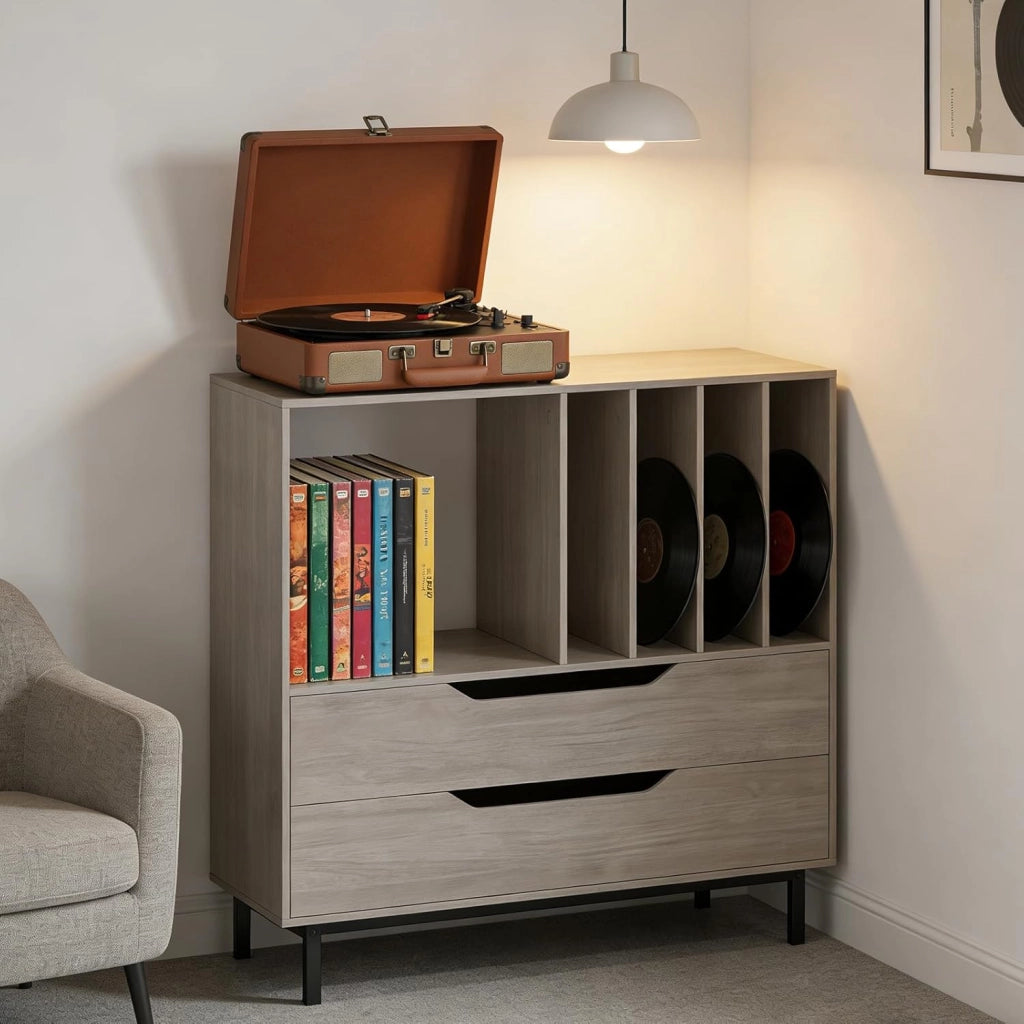 Supporto per Giradischi con Scomparto Aperto e 2 Cassetti, Mobile Vinili con Gambe in Metallo, Espositore per Dischi per Camera da Letto, Soggiorno, Studio (Grigio)