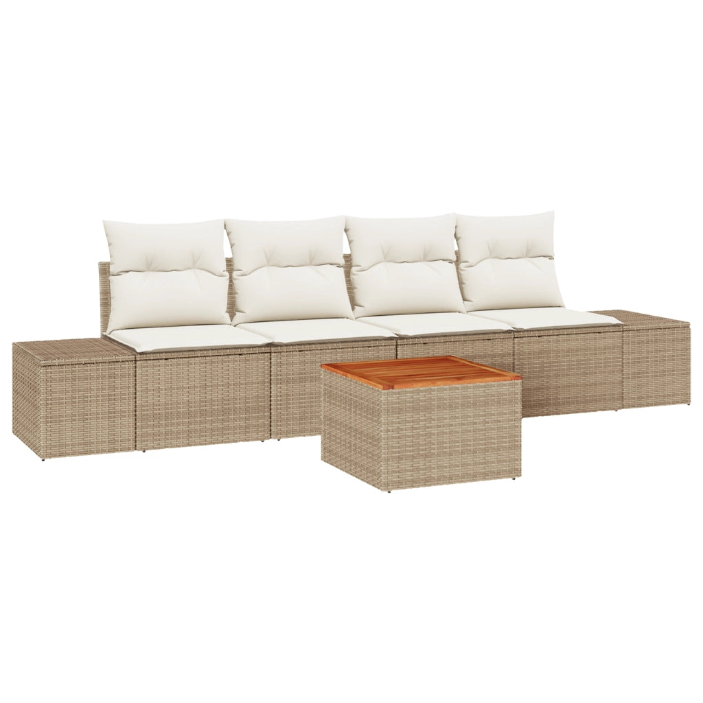Set Divano da Giardino 5 Pezzi con Cuscini Beige Polirattan Acacia