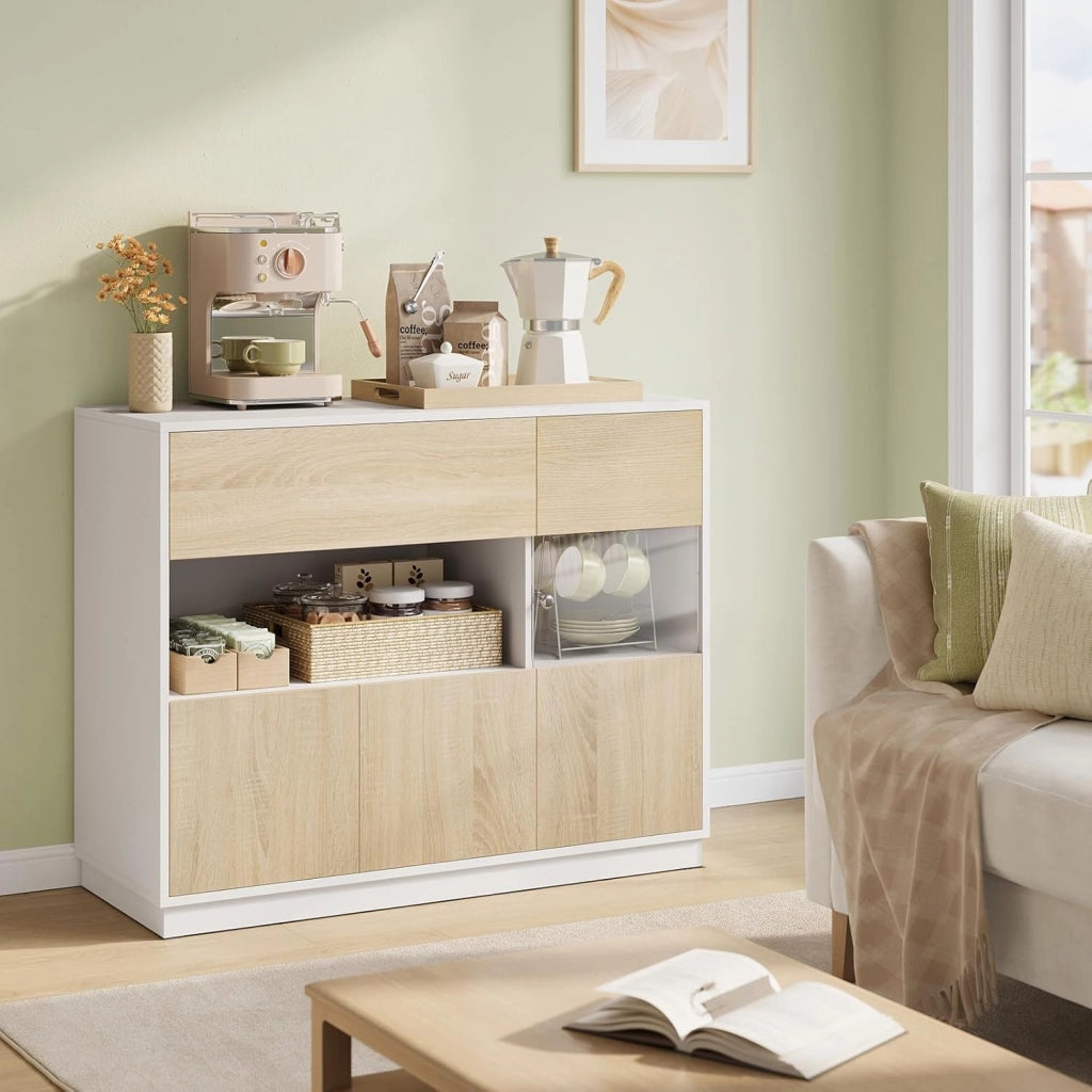 Credenza Cucina con Cassetto e Scomparti Aperto e Chiusi, Mobile Buffet con 1 Anta Trasparente, per Soggiorno, Cucina, in Legno, 100x40x80 cm, Rovere Chiaro+Bianco