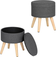 Set di 2 Pouf Contenitore Sgabello Basso Sedia Rotonda Poggiapiedi Gambe in Legno Grigio Scuro