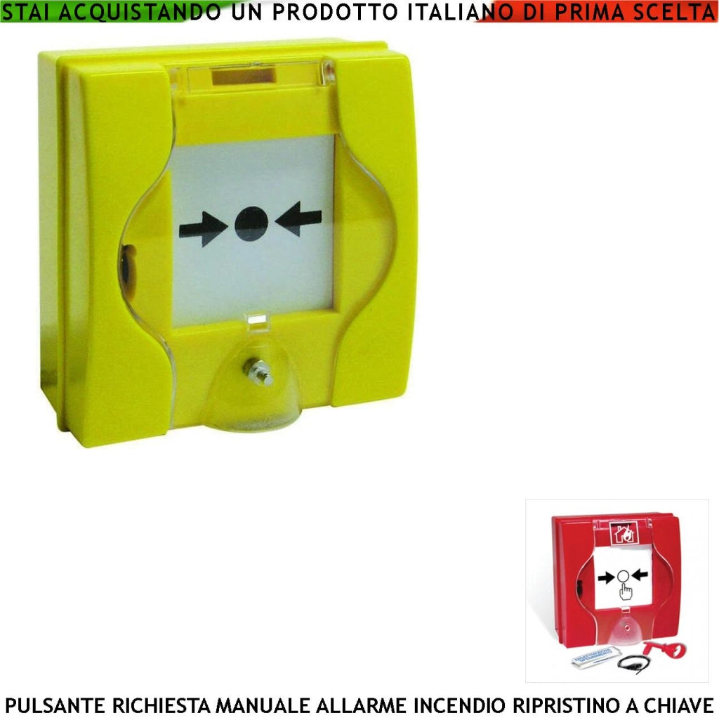 PULSANTE MANUALE DI ATTIVAZIONE GIALLO RICHIESTA INTERVENTO INCENDIO RIPRISTINO A CHIAVE SBLOCCA PORTE REI EN 54-11 CPD