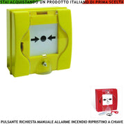 PULSANTE MANUALE DI ATTIVAZIONE GIALLO RICHIESTA INTERVENTO INCENDIO RIPRISTINO A CHIAVE SBLOCCA PORTE REI EN 54-11 CPD