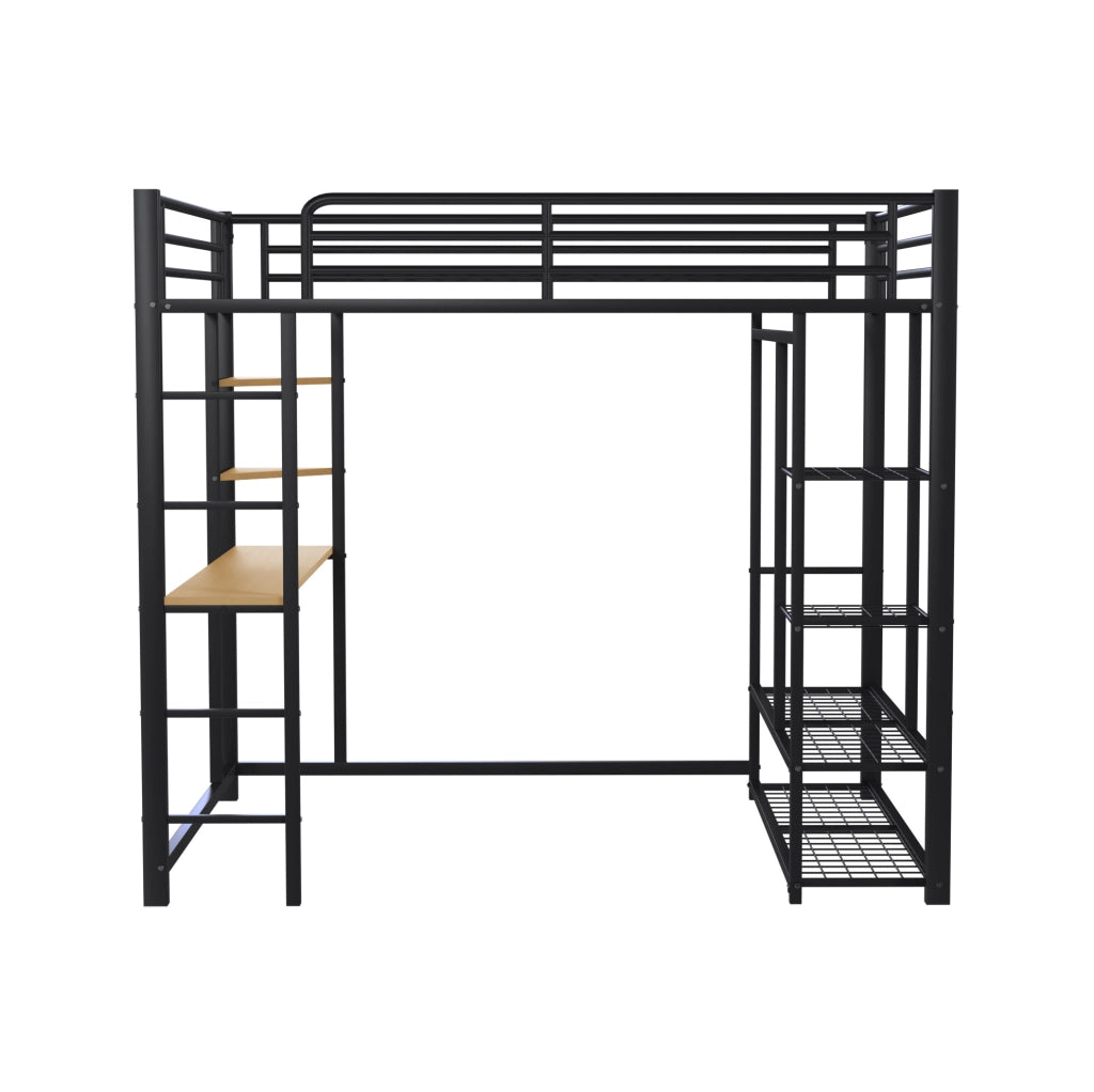 Letto matrimoniale a soppalco ULEVR 140x200 cm in metallo con scrivania, scala e armadio, nero
