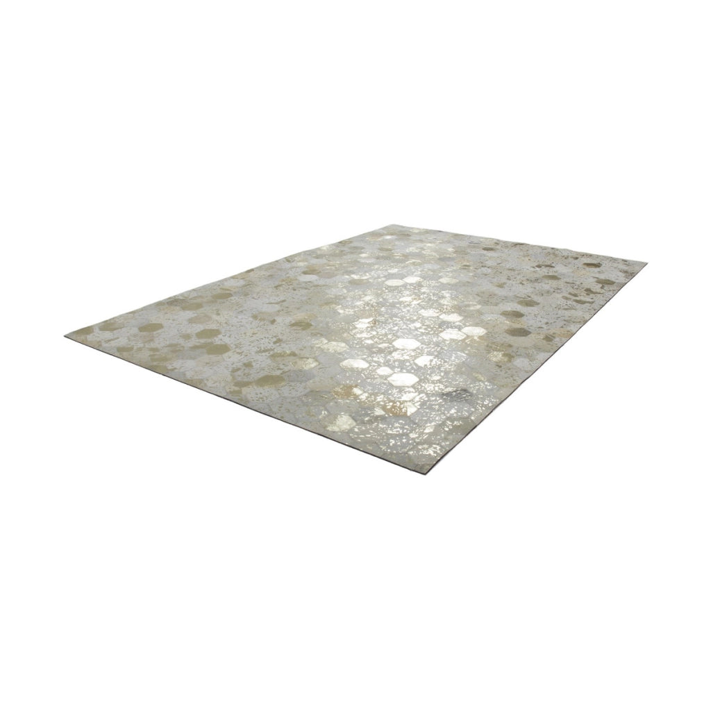 Tappeto Dazzle in Pelle Avorio e Oro con Motivo Esagonale