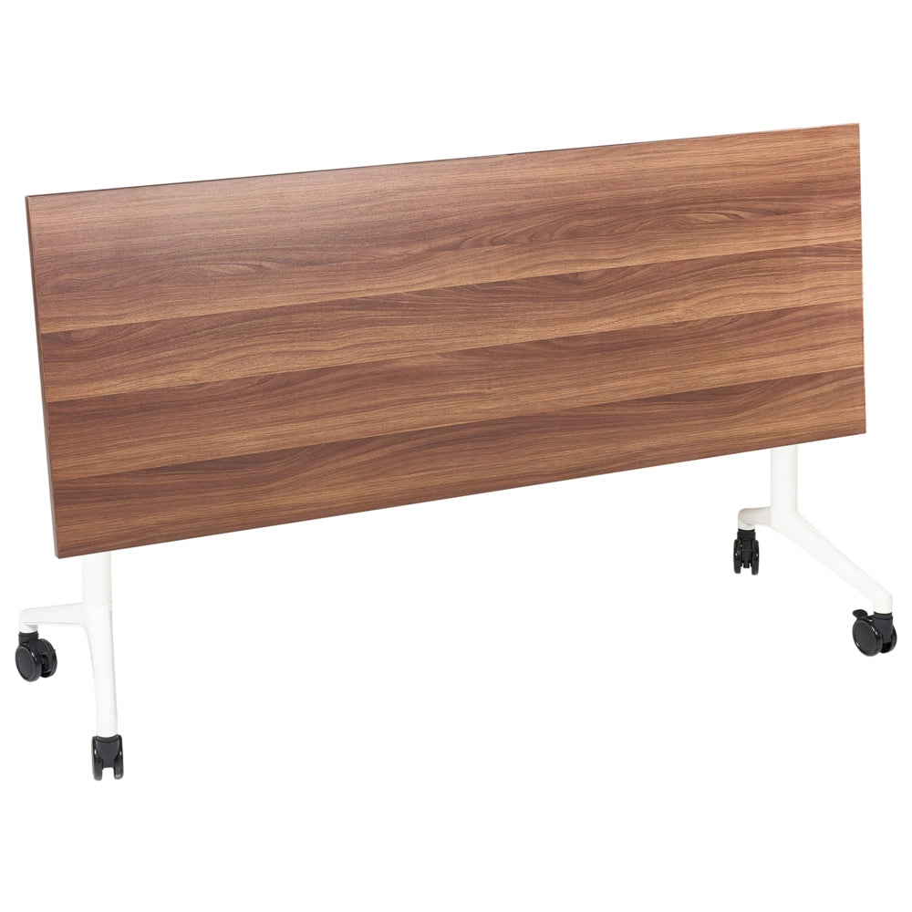 Scrivania rettangolare pieghevole con rotelle portatile con struttura in metallo marrone scuro e bianco 160 x 60 cm stile moderno