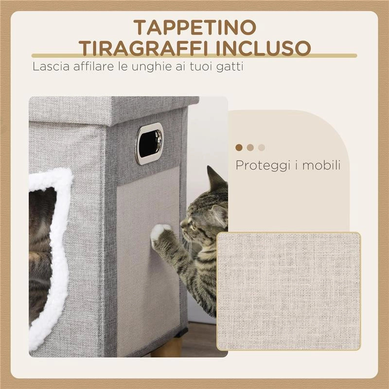 CASETTA PER GATTI CON TIRAGRAFFI, CUSCINO E PALLINA, IN LEGNO E POLIESTERE, 35.5X35.5X42.5 CM, CREMA E GRIGIO