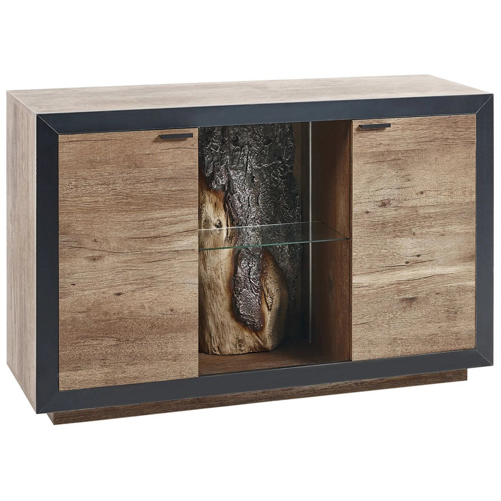 Credenza LED in legno chiaro nero 120 x 42 cm MDF con 2 ante e mensole soggiorno camera da letto rustico