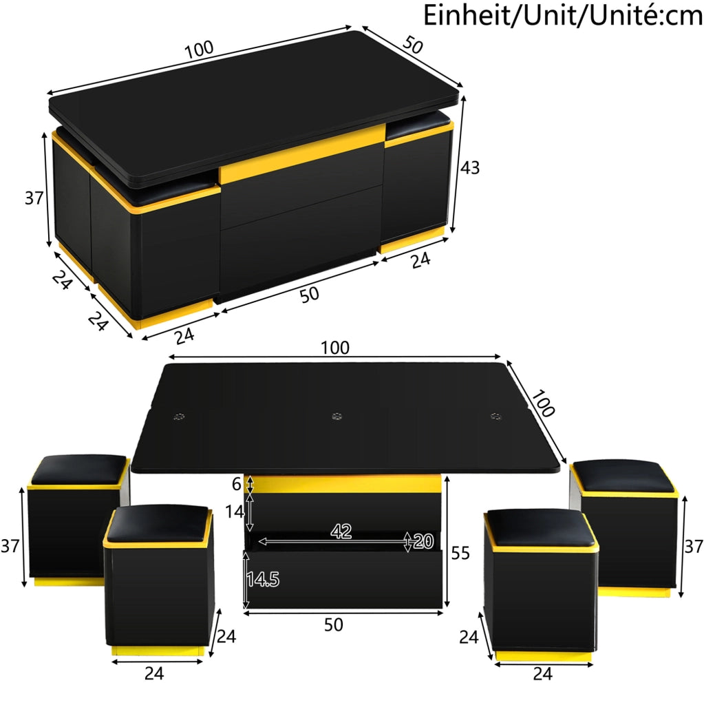 Tavolino trasformabile 100x50x43 cm in MDF e truciolare nero e giallo
