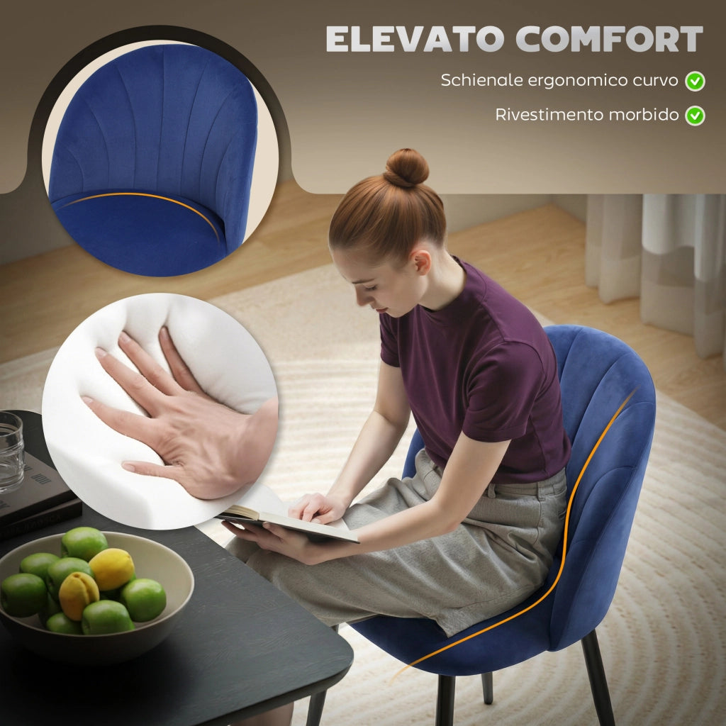 Set 2 Sedie da Pranzo 52x55x79 cm Imbottite con Schienale a Conchiglia in Velluto Blu