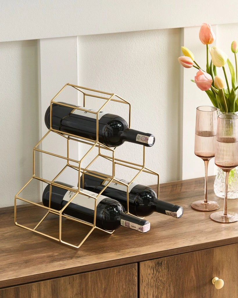 Portabottiglie in metallo dorato 34 x 35 x 15 cm per bottiglie a nido d'ape Stile moderno e glamour Cucina Soggiorno Sala da pranzo