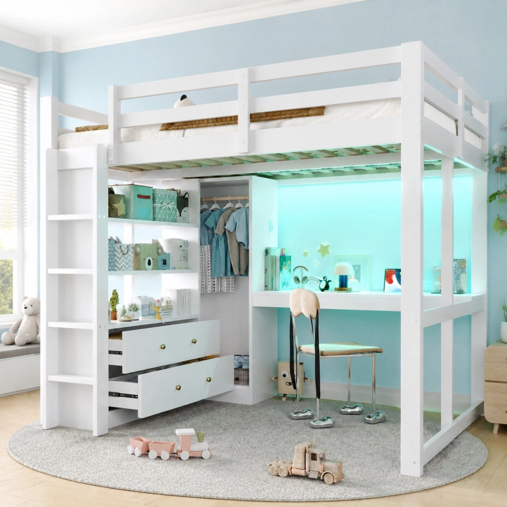 Letto a soppalco 140x200 bianco con scrivania, LED e armadio