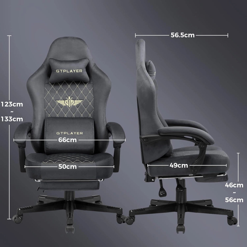 Sedia da gaming, in tessuto, ergonomica, per ufficio, in PC, portata 150 kg, regolabile e girevole, con cuscino a molla e poggiapiedi, grigio