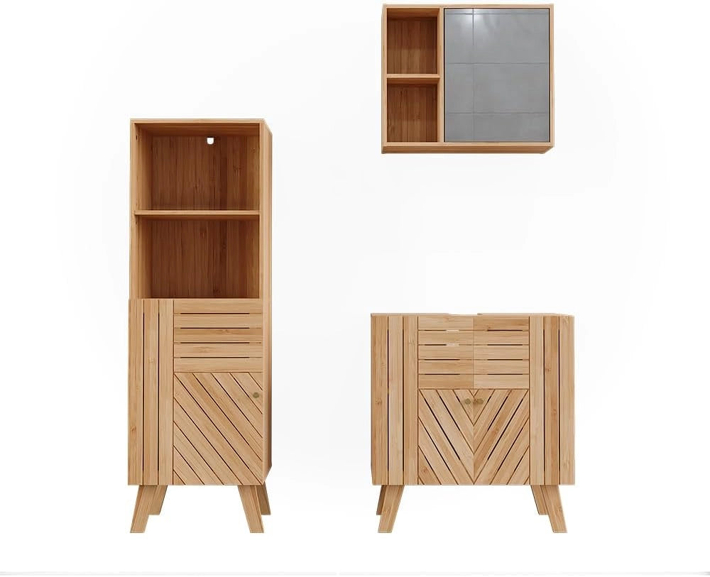 Set di mobili da bagno Lucie, Bambù, 60 cm, composto da specchio da bagno e mobile sottolavabo