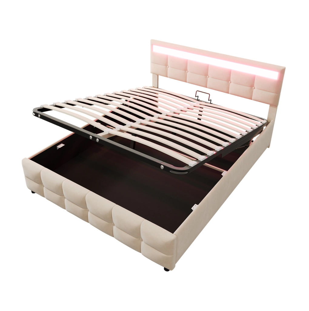 Letto imbottito 180x200 cm con LED e vano contenitore idraulico