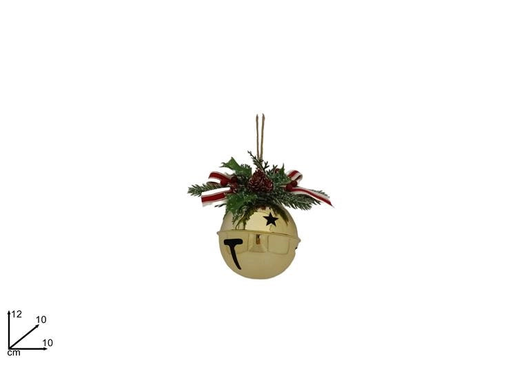 Decorazione Natalizia Campanaccio in Metallo con Fiocco e Vischio Oro 10 cm