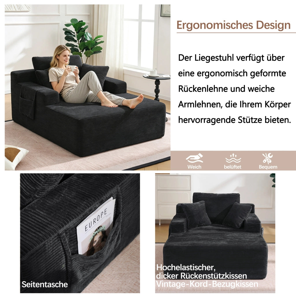 Divano in velluto a coste con tasche laterali e cuscini morbidi, design retrò, struttura stabile, nero